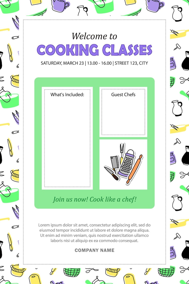 Vector banner with culinary courses schedule and blank space for info about guest chefs and what's included