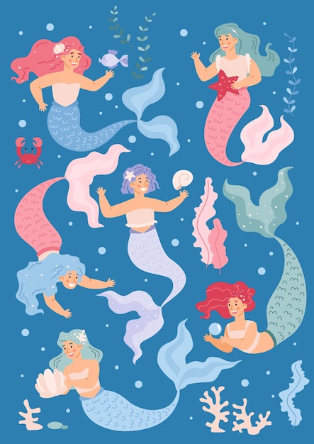 Баннер с милыми забавными русалочками, плавающими в море, плоская векторная иллюстрация