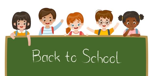 Banner with cute school kids around chalkboard Cartoon children and blackboard with inscription Back to school