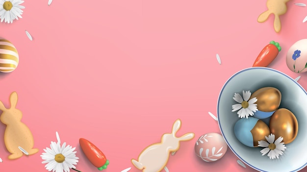 Banner con uova di pasqua in una ciotola di ceramica con fiori e biscotti a forma di lepri