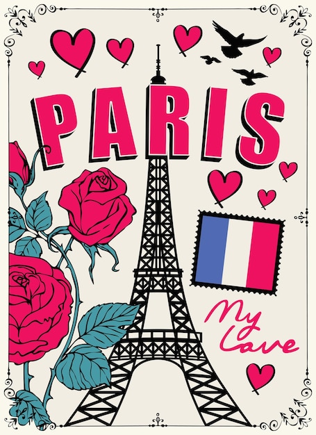 banner with Eiffel Tower and roses