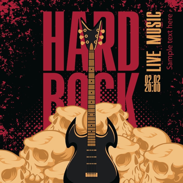 Vector banner with electric guitar, skulls and words hard rock