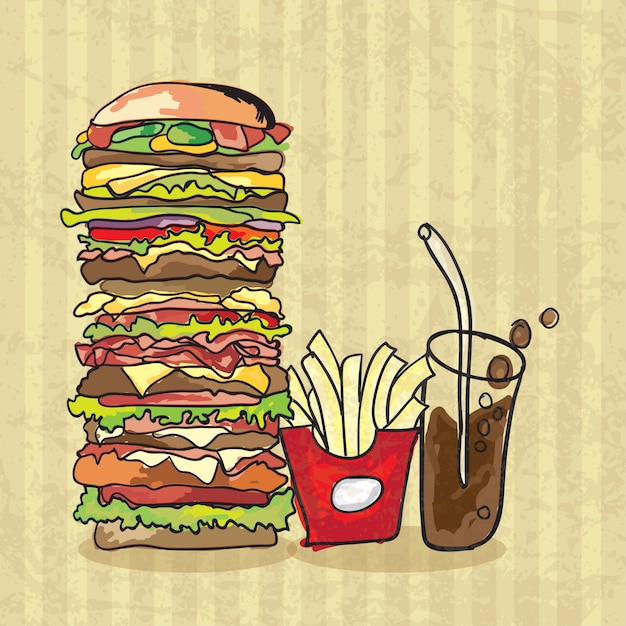 Banner con hamburger fast food e patatine fritte con stile colavintage