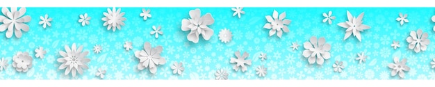 Banner with floral texture in light blue colors and big white paper flowers with soft shadows With seamless horizontal repetition