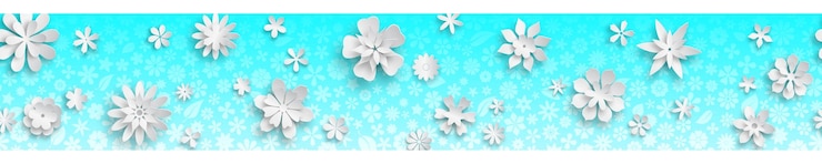 Vector banner with floral texture in light blue colors and big white paper flowers with soft shadows with seamless horizontal repetition