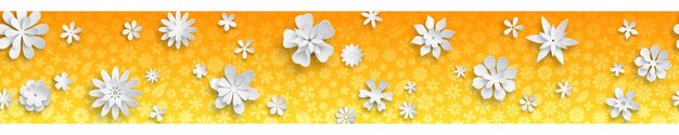 Banner with floral texture in orange colors and big white paper flowers with soft shadows. with seamless horizontal repetition