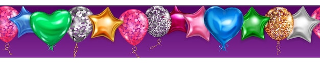 Vector banner with flying colored helium balloons in various shapes and colors with seamless horizontal repetition on purple background