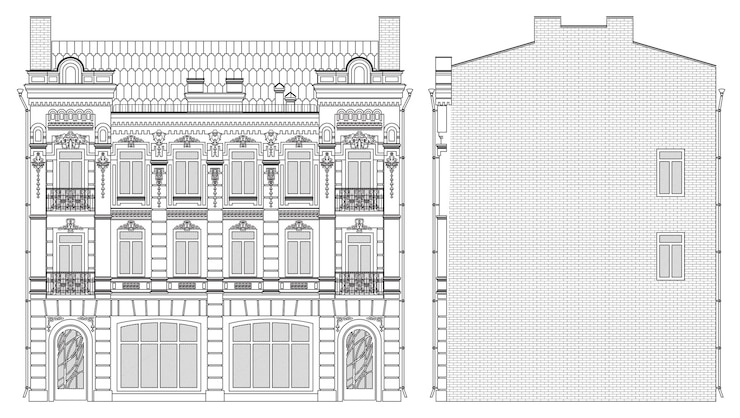 वेक्टर banner with front and side view drawing of old house