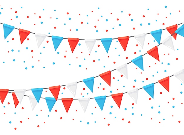Banner with garland of colour festival flags and ribbons, bunting. background for celebrate happy birthday party, carnaval, fair.