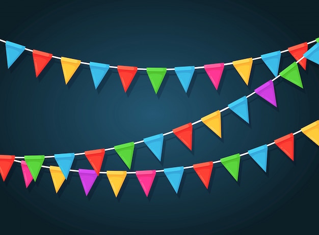 Banner with garland of colour festival flags and ribbons, bunting. background for celebrate happy birthday party, carnaval, fair.