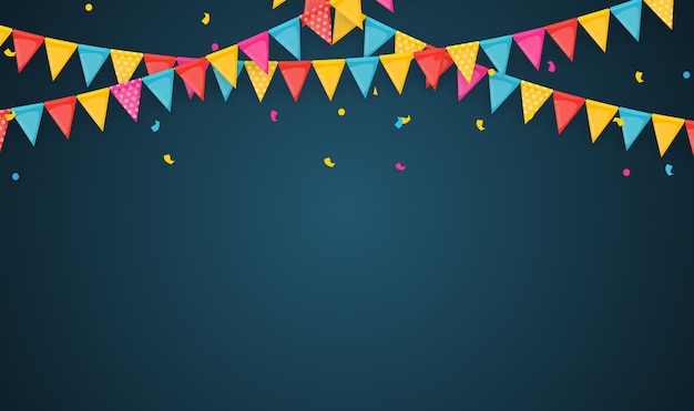 Banner with garland of flags and ribbons. Holiday Party background for birthday party, carnava. 