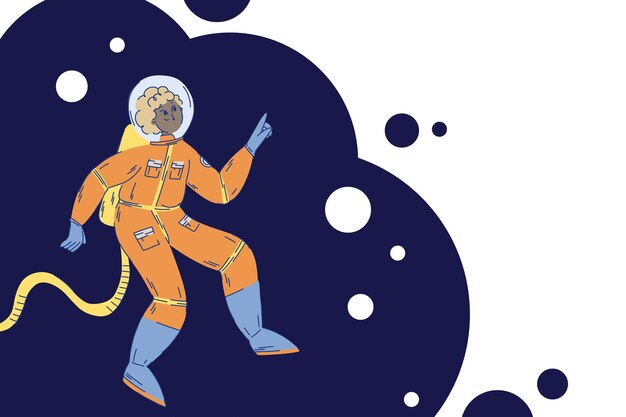 Vector banner with a girl astronauts in a space suit on an abstract background with bubbles and bubbles