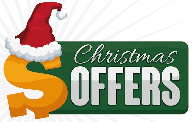 Banner with green sign and money symbol with traditional red Santa's hat announcing Christmas offers