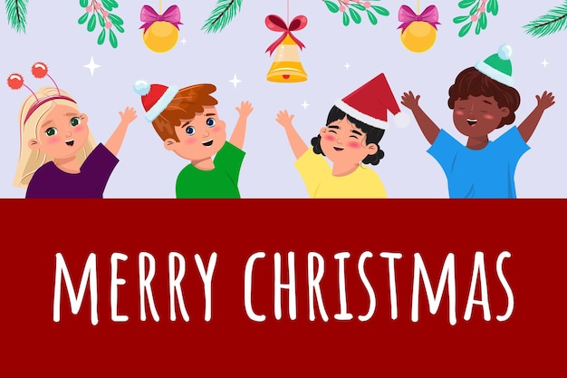 Vector banner with a group of happy different children celebrating christmas