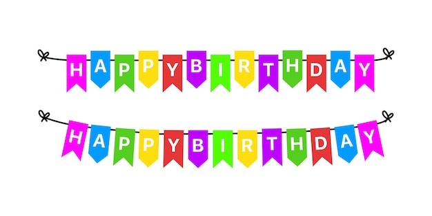 Banner with happy birthday text vector illustration flags in different colors signboards congratulations holiday checkboxes with wishes