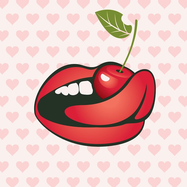 banner with hearts and cherry in mouth