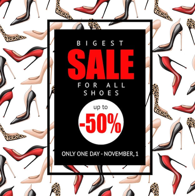 Banner with highheeled shoes and slogan sale Vector illustration