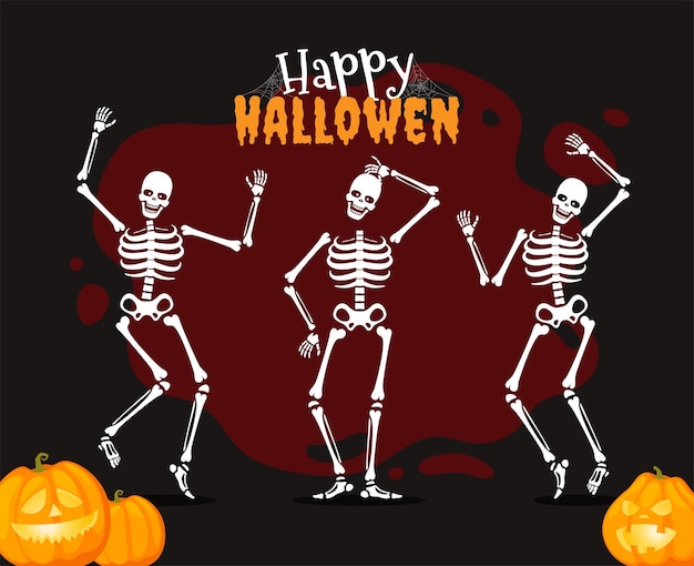 Banner with human skeletons in different poses with scary pumpkins Halloween design Vector illustration