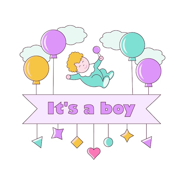 Banner with the image of a baby boy with balloons and the inscription it's a boy