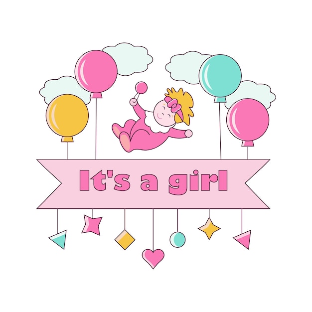 Banner with the image of a baby girl with balloons and the inscription It's a girl