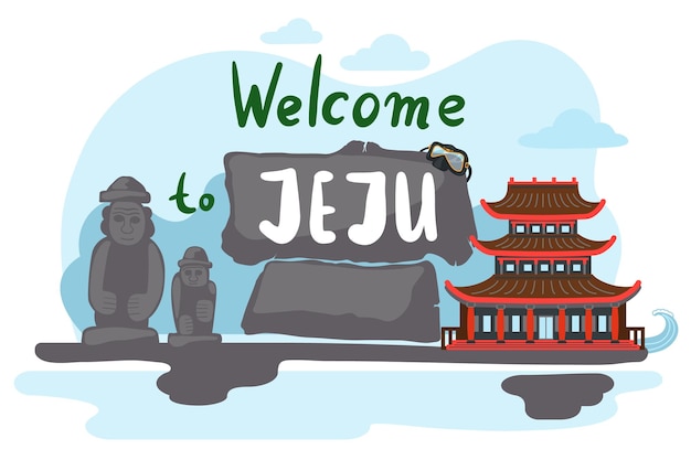 Banner with image of the main attractions of korean island Jeju Stone figures Yakcheonsa Temple