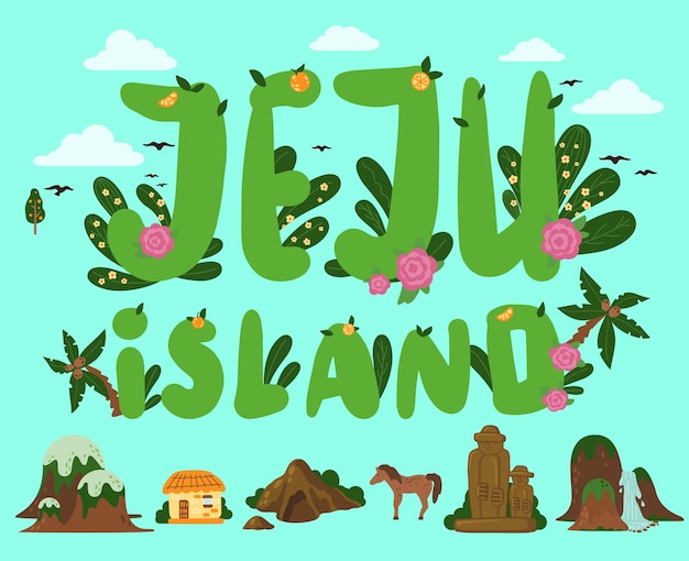 Vector banner with image of the main attractions of the south korean island jeju and the inscription mountaine hallasan waterfalls stone figures tropical plants in botanical garden asian village house