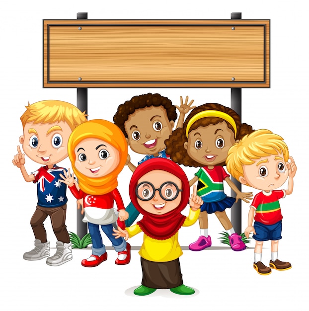 banner with kids under wooden sign