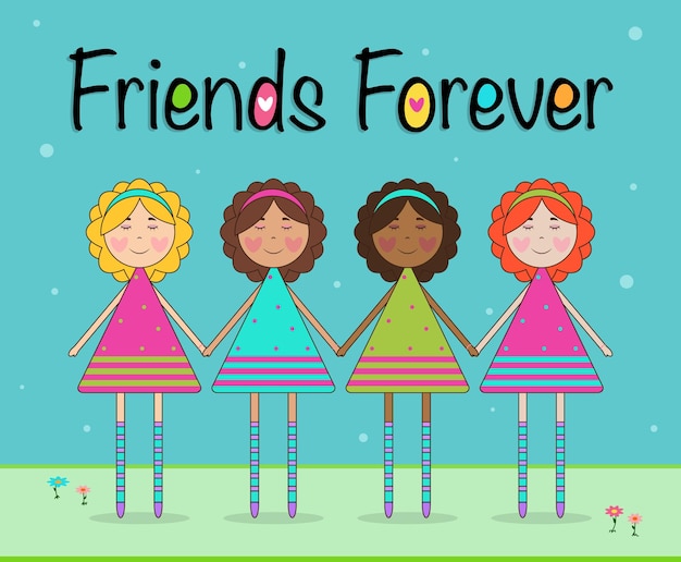 Vector banner with little girls friends forever