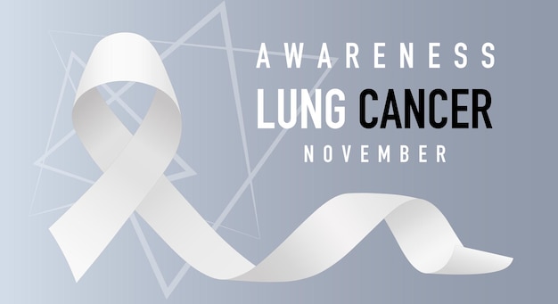 Banner with Lung Cancer Awareness Realistic White Ribbon. Design Template for Info-graphics or Websites Magazines on Gray Background. Vector illustration