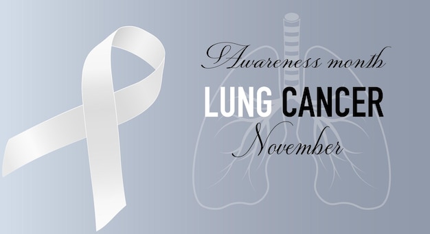 肺がんの意識の現実的な白いリボンのバナー。灰色の背景のインフォグラフィックやウェブサイトの雑誌のデザインテンプレート。ベクトルイラスト