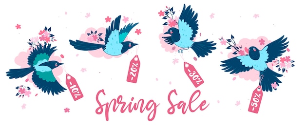 Banner with magpies and sakura. Spring sale. 