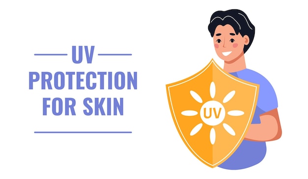 Vettore banner con uomo protetto da schermo uv dai raggi ultravioletti. concetto di protezione uv per la pelle