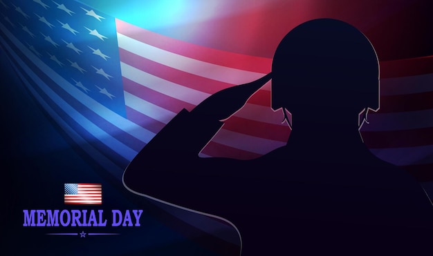 Vector banner with the outline of a soldier the flag of america on a dark abstract background