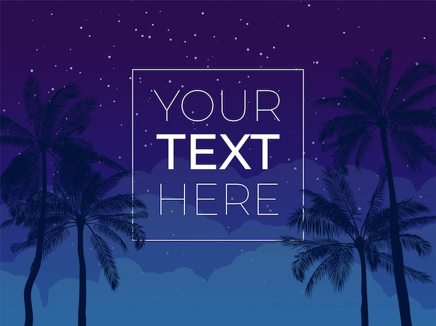Banner with palm tree and night sky and copy space.  template with place for your text for poster, invitation, banner.  illustration. 