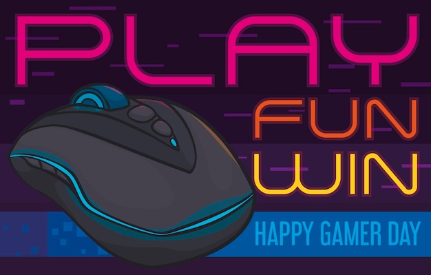 Vector banner with pc gaming mouse and some precepts to celebrate a happy gamer day play fun and win