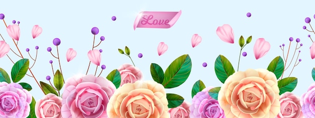 Banner con peonie, fiori, foglie verdi sul blu. banner romantico vacanza