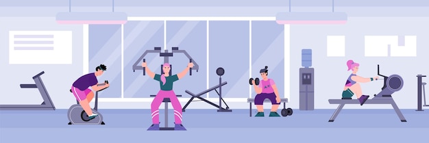 Banner with people doing sport workout in gym cartoon vector illustration