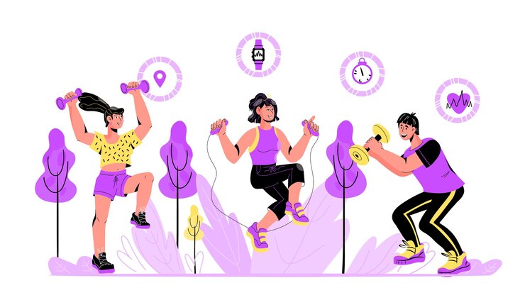 Vector banner with people doing sports and using smartphone app to track their health and get fitness information, cartoon vector illustration. sport application concept with sportive people.