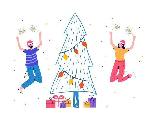 Banner con persone con persone che tengono la borsa della spesa per una grande vendita di natale. uomini e donne stanno comprando regali. illustrazione vettoriale in stile cartoon trendy.vector per pubblicità, coupon o voucher