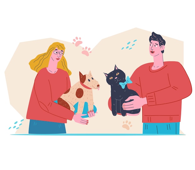 Vector banner with pets and owners for pet shop or veterinary grooming flat vector isolated