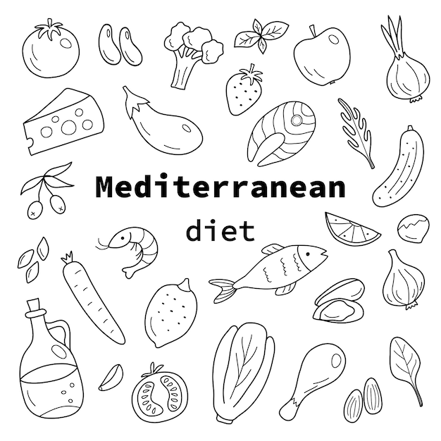Banner with products of the Mediterranean diet in the doodle style