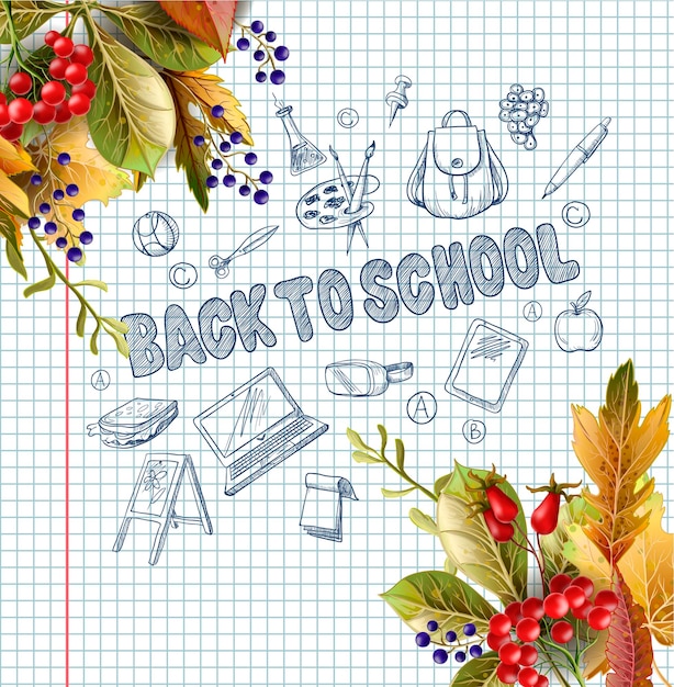 Vector banner with realistic leaves and school supplies such as a backpack book laptop globe and others drawn pen on a notebook vector