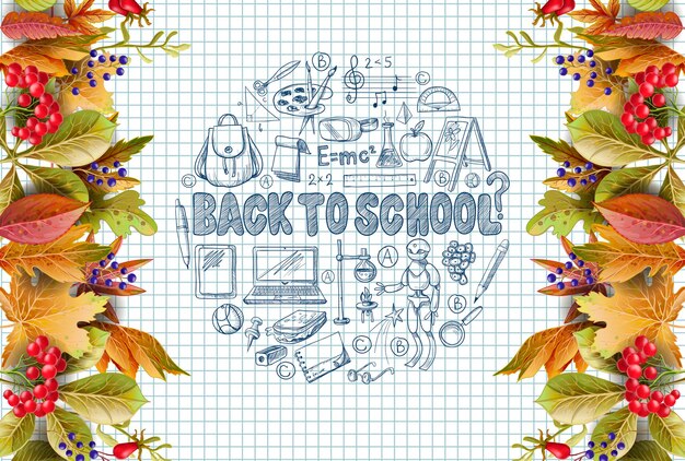 Banner with realistic leaves and school supplies such as a backpack book laptop globe and others drawn pen on a notebook Vector