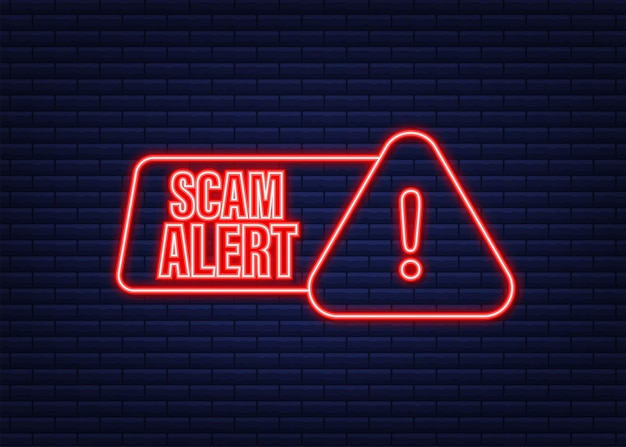 Banner with red scam alert. attention sign. neon icon. caution warning sign sticker. flat warning symbol. vector stock illustration.