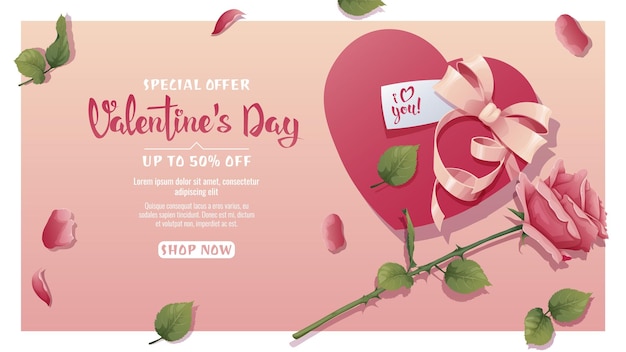 Banner with rose flower and heart shaped gift with bow St Valentine s Day Poster advertising background for the romantic holiday of February 14