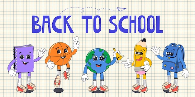 Banner with school supplies groovy characters with quotes Back to school in flat retro style