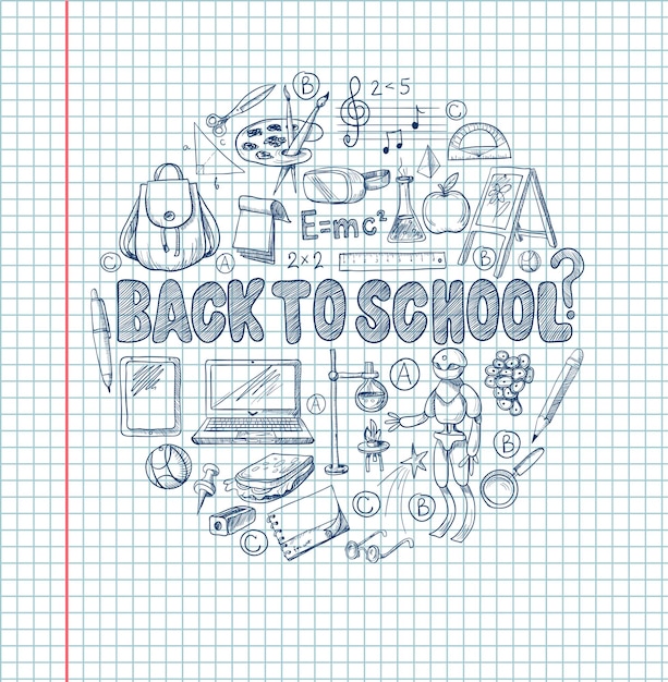 Vector banner with school supplies such as a backpack book laptop globe and others drawn pen on a notebook vector