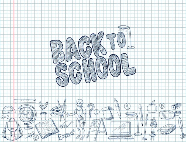 Vector banner with school supplies such as a backpack book laptop globe and others drawn pen on a notebook vector