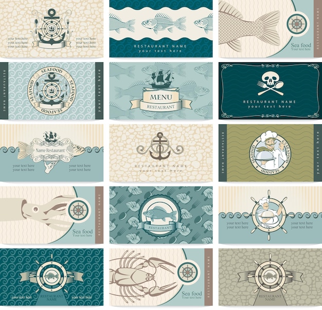 banner with set of business cards on theme of sea and seafood