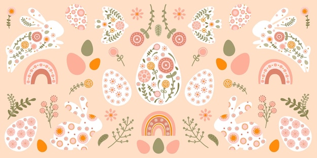 Banner with silhouette Easter egg rabbit flowers and rainbow in flat style Illustration cute spring eggs and hare in pastel colors Vector